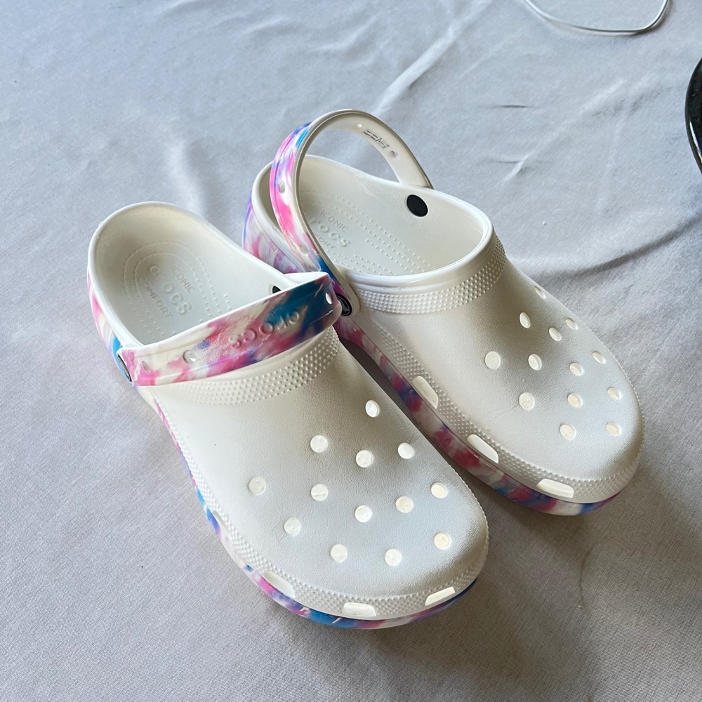 Crocs Classic Clog White Pink Blue Tie Dye Marble Slip On‎ Shoes Womens Size 11